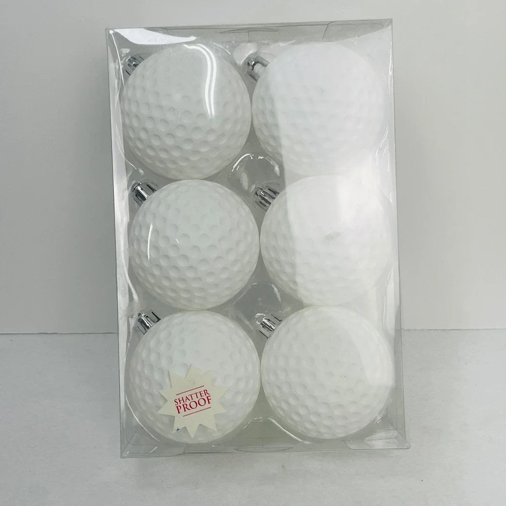 White Golf Ball Christmas Ornaments Set of 6 Shatterproof Sports Holiday Decor